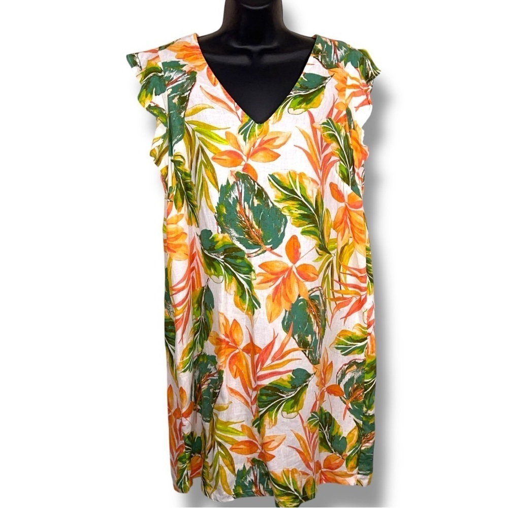 Medium Nicole Miller Linen Dress Tropical Floral Print Vneck Ruffle Accent